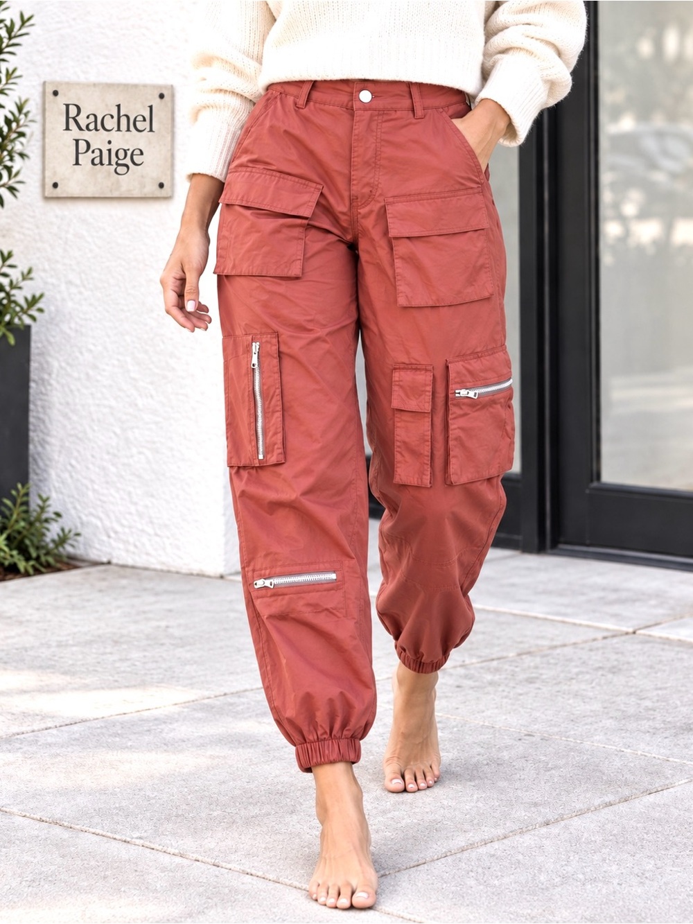 Rachel Paige Cargo Jogger Pants Cotton Utility Statement Zipper Pocket,Size XS